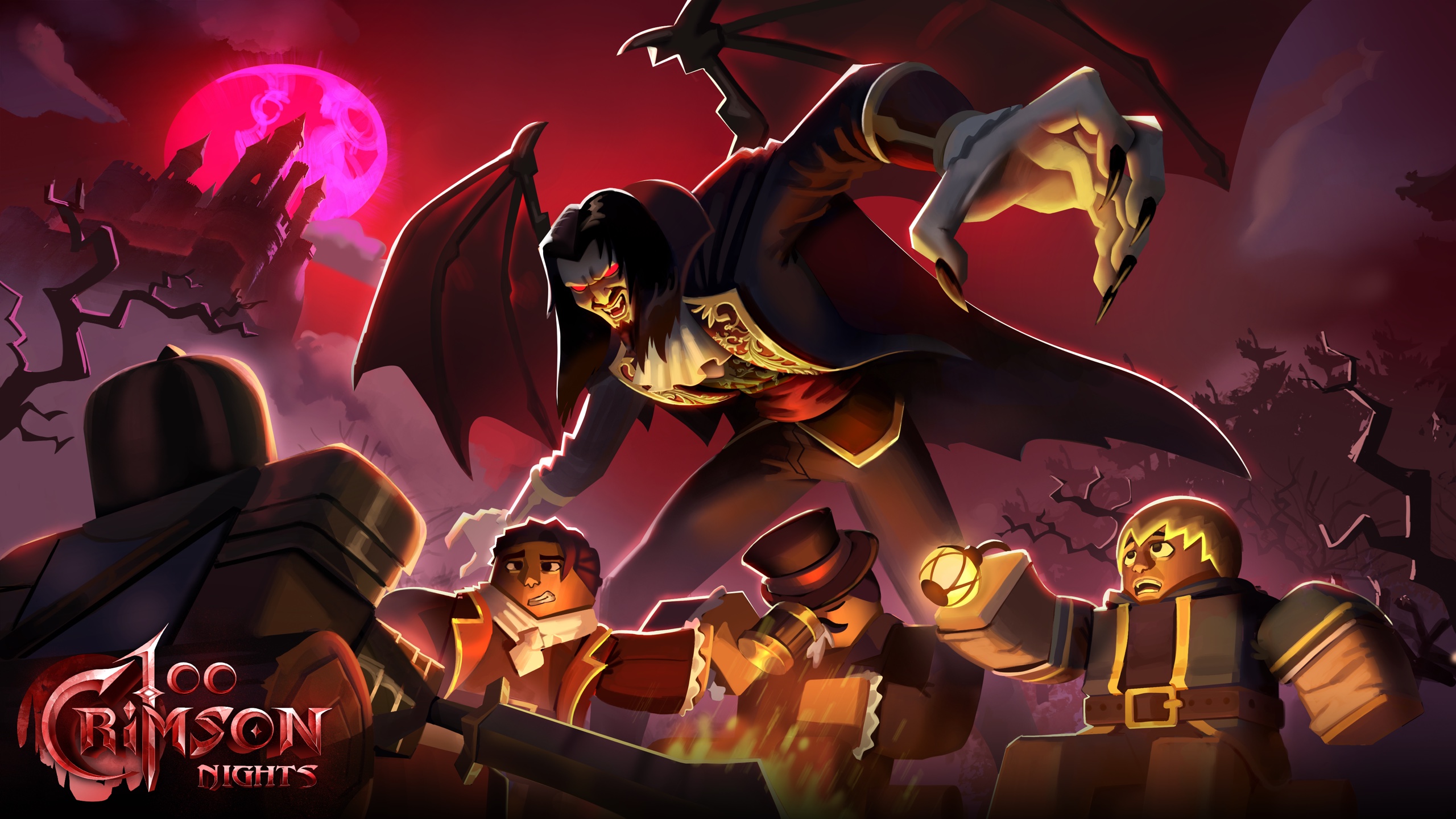 Survivors gather beneath a crimson moon as Dracula looms over the camp.