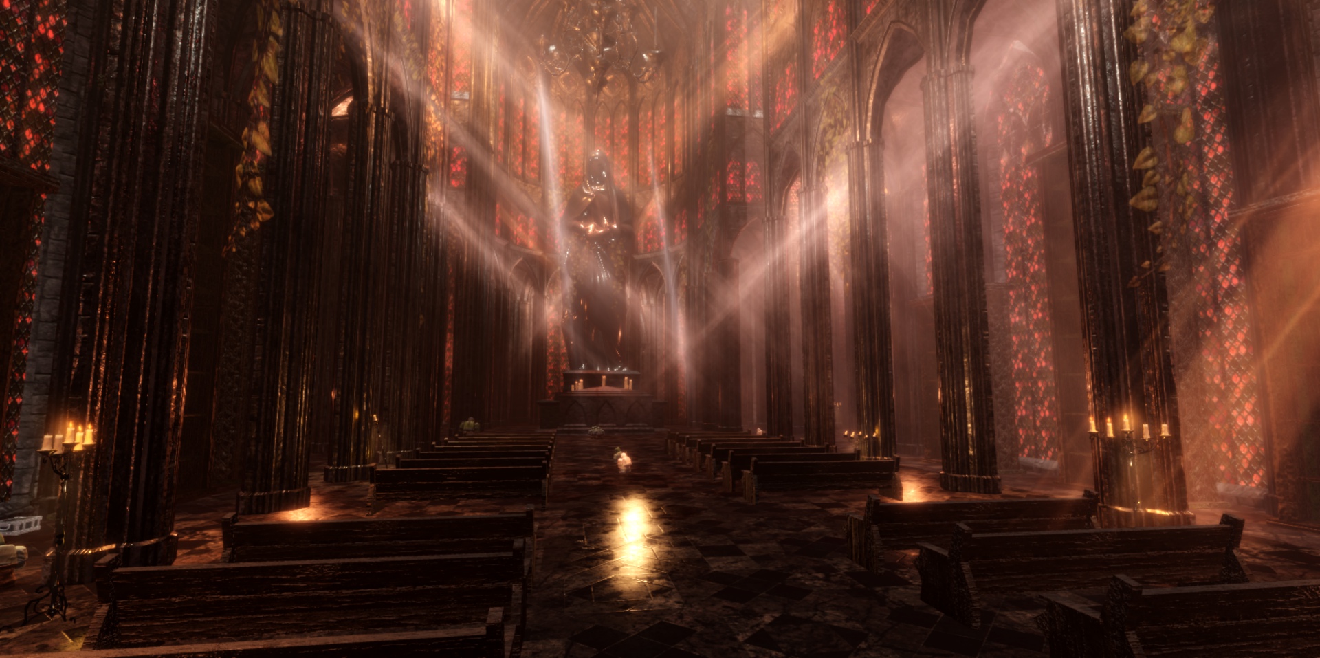 Candlelight and stained-glass rays fall across a deserted church.