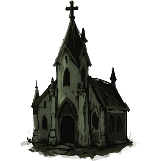 Hand-painted gothic church illustration from the game’s map.