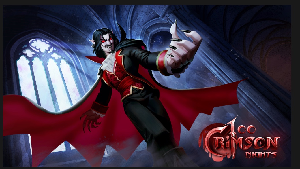 Dracula extends a clawed hand inside a moonlit cathedral, in official 100 Crimson Nights artwork.