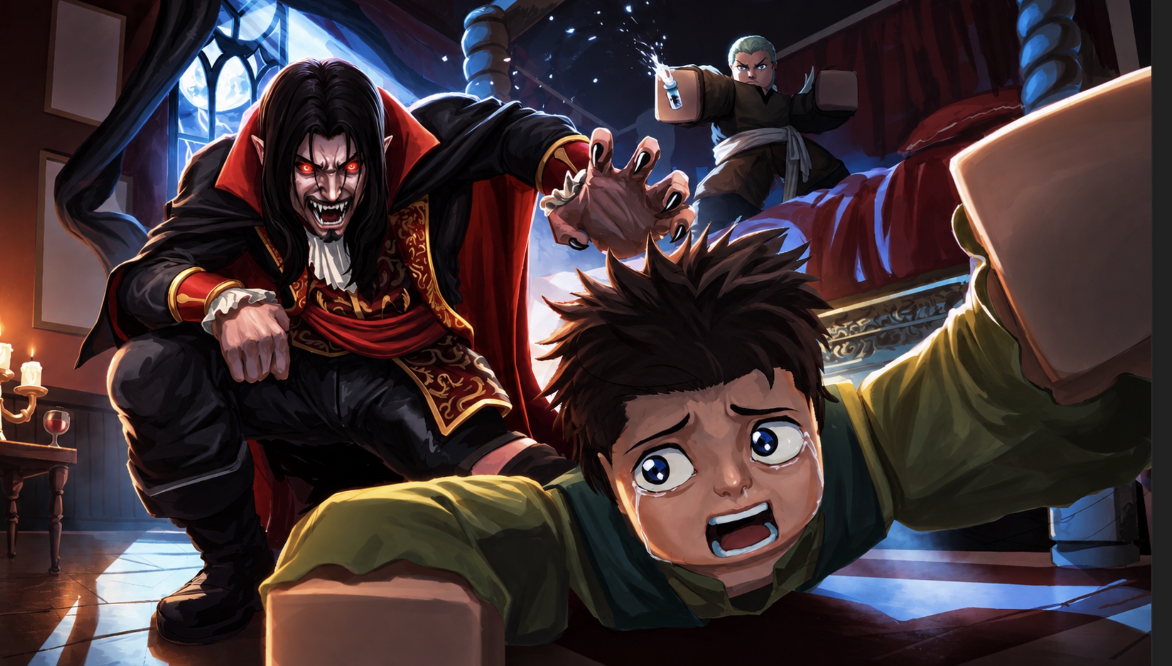 Dracula reaches for a fleeing survivor as another survivor raises a vial in a moonlit castle.