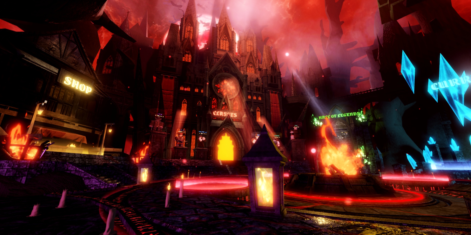 The 100 Crimson Nights lobby, with its crimson cathedral, flames and moonlit sky.